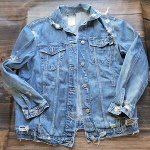 Zara Distressed Jean Jacket Denim Boho Classic M